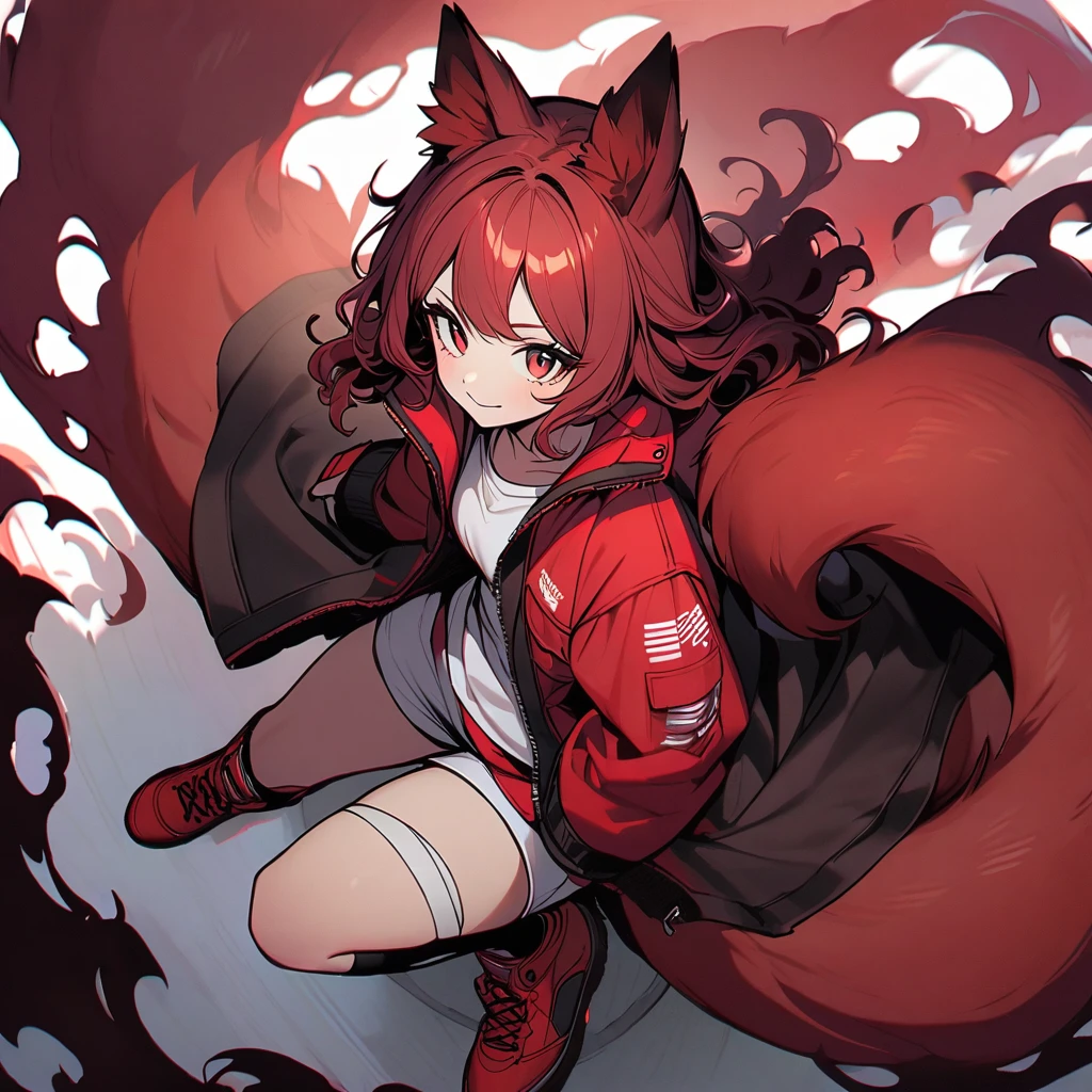 (well done:1) woman, short red, slightly wavy hair, red fox ears and tail, bulky red winter jacket with black details, white shirt, white shorts, bandage on the knee, red sneakers.