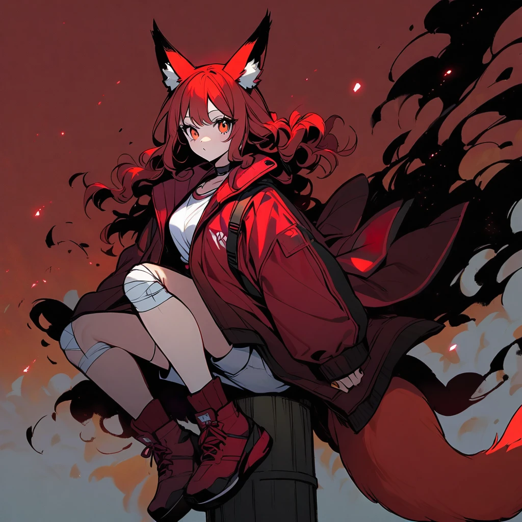 (well done:1) woman, short red, slightly wavy hair, red fox ears and tail, bulky red winter jacket with black details, white shirt, white shorts, bandage on the knee, red sneakers.