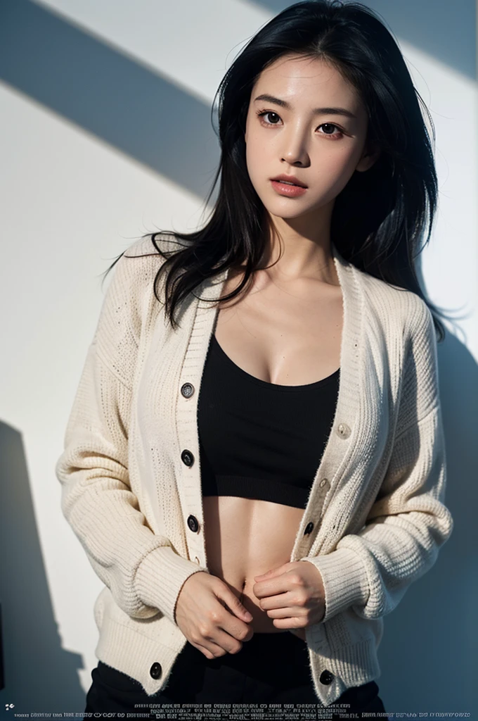 masterpiece, best quality, ultra high resolution (realism: 1.4), original photo, 35mm lens., F1 aperture.4, movie poster, light and shadow, female, a white cardigan, , Cracks are visible, long black hair, real skin, (skin detail: 1.3),