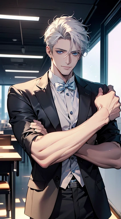 (best quality, masterpiece, 8K, photorealistic, cinematic lighting, hdr image, ultra detailed, beautiful image), 1 man, 31 years old, mature man, very handsome, (without expression, smile), short white hair, blue eyes ( penetrating gaze), perfect face without errors, imposing posture, without errors, businessman, office background