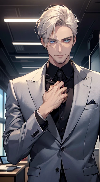 (best quality, masterpiece, 8K, photorealistic, cinematic lighting, hdr image, ultra detailed, beautiful image), 1 man, 31 years old, mature man, very handsome, (without expression, smile), short white hair, blue eyes ( penetrating gaze), perfect face without errors, imposing posture, without errors, businessman, office background