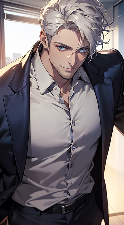 (best quality, masterpiece, 8K, photorealistic, cinematic lighting, hdr image, ultra detailed, beautiful image), 1 man, 31 years old, mature man, very handsome, (without expression, smile), short white hair, blue eyes ( penetrating gaze), perfect face without errors, imposing posture, without errors, businessman, office background