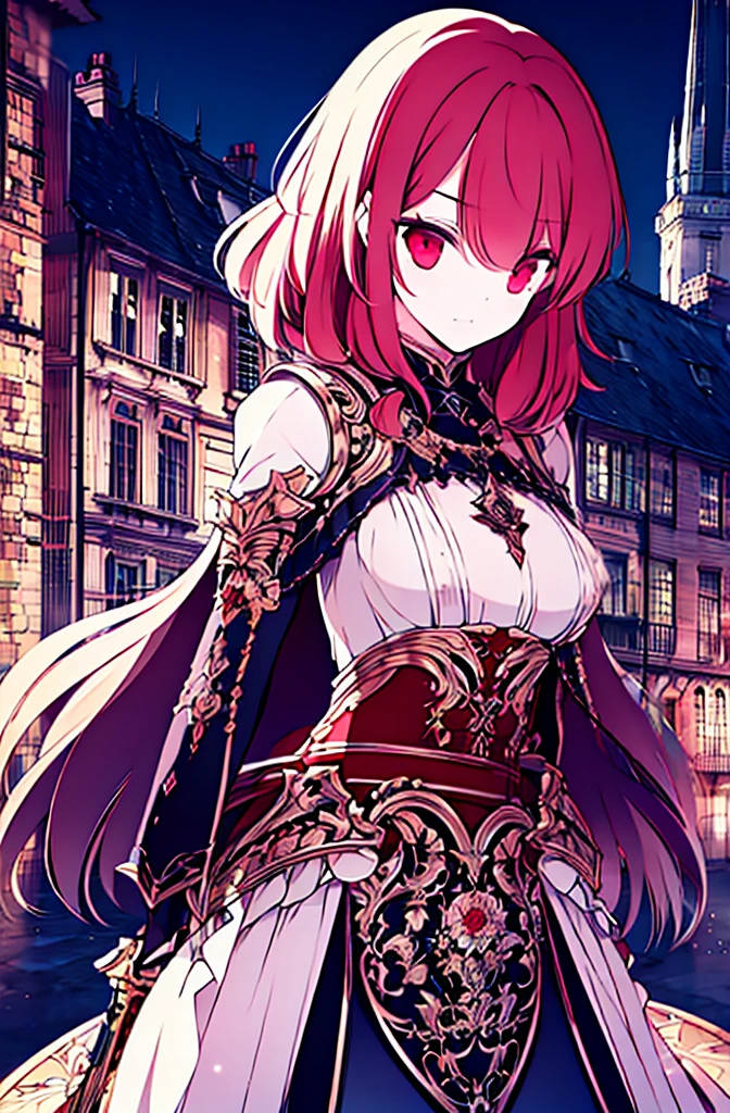 4k,hight resolution,One Woman,Bright red hair,Longhaire,red eyes,knights,white sacred armor,jewel decorations,Big sword,medieval town,furious,