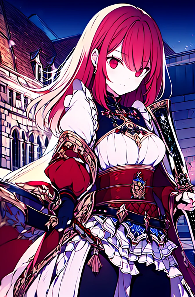 4k,hight resolution,One Woman,Bright red hair,Longhaire,red eyes,knights,white sacred armor,jewel decorations,Big sword,medieval town,furious,