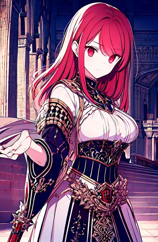 4k,hight resolution,One Woman,Bright red hair,Longhaire,red eyes,knights,white sacred armor,jewel decorations,Big sword,medieval town,furious,