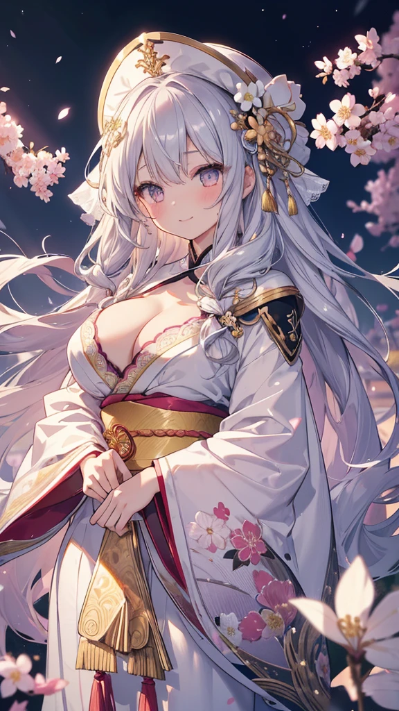 Highest quality、Masterpiece、Super detailed、8k、4K、1 girl、Gray Hair、Fluffy, soft, loosely curled long hair、Golden Eyes、White kimono with crane pattern、Lace cape、White and gold ribbon hair accessory、Cherry Blossoms at Night、moonlight、Cleavage、smile、Embarrassed expression、Big Tits、Cherry blossom field