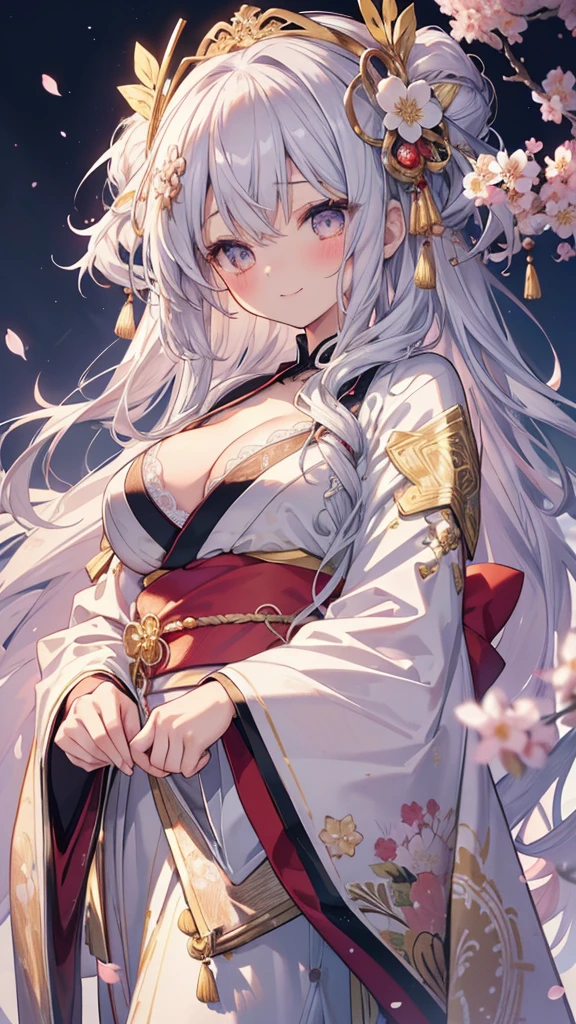 Highest quality、Masterpiece、Super detailed、8k、4K、1 girl、Gray Hair、Fluffy, soft, loosely curled long hair、Golden Eyes、White kimono with crane pattern、Lace cape、White and gold ribbon hair accessory、Cherry Blossoms at Night、moonlight、Cleavage、smile、Embarrassed expression、Big Tits、Cherry blossom field