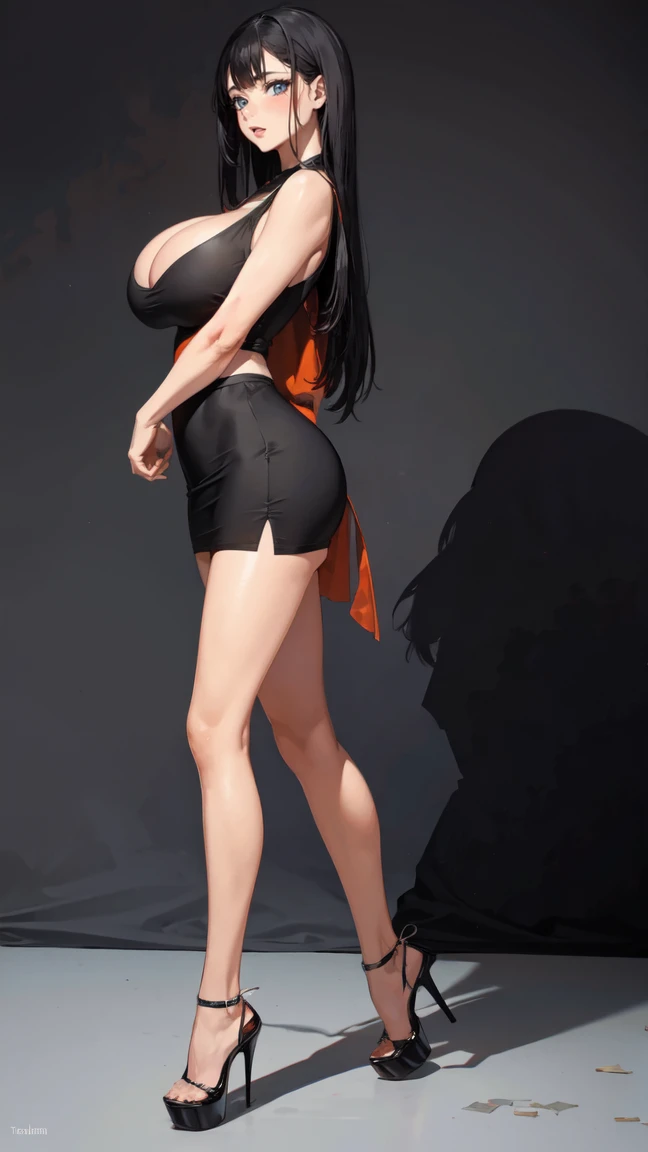 ((masterpiece, high resolution, better quality, better details)), ((anime)),a mature woman, one milf, long hair, blunt straight bangs, black hair, fair skin, full body, big breasts, slim waist, wide hips, fitness body, short skirt, low-cut sleeveless blouse, high platform heels,