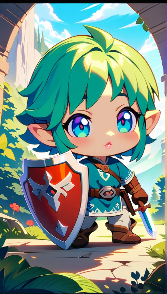 a chibi Link character from The Legend of Zelda, adventuring in a fantasy landscape, cute, whimsical, 1boy, beautiful detailed eyes, beautiful detailed lips, extremely detailed face, longeyelashes, tunic, sword and shield, forest, mountains, clouds, sunlight, vibrant colors, fantasy art, anime style, 4k, high quality, masterpiece