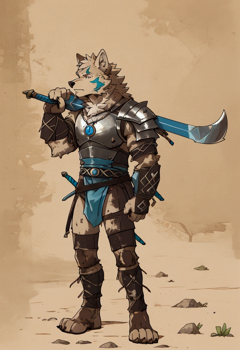 Solo Sexy young anthro furry wolf male mercenary medieval solider, slim endomorph muscular, anthro handsome gay shorter muzzle, handsome gay model male apperance, sword scars, worn out leather skimpy armament, low on hips heavy leather belt, old very worn out skimpy dirty linen material jockstrap, old yellow dirty worn out stains on white sawn jockstrap, very visible "x" brown seam pattern on the jockstrap, studded skimpy armlets breastplate armor, skimpy breastplate, leather bondages, fingerless leather gloves, smelly unwashed furr, dirty body look, desert battlefield, standing in sexy fighting position, close view of full character, blooded furr, blooded sword