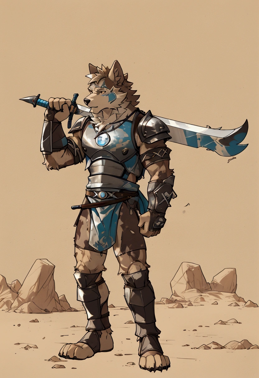 Solo Sexy young anthro furry wolf male mercenary medieval solider, slim endomorph muscular, anthro handsome gay shorter muzzle, handsome gay model male apperance, sword scars, worn out leather skimpy armament, low on hips heavy leather belt, old very worn out skimpy dirty linen material jockstrap, old yellow dirty worn out stains on white sawn jockstrap, very visible "x" brown seam pattern on the jockstrap, studded skimpy armlets breastplate armor, skimpy breastplate, leather bondages, fingerless leather gloves, smelly unwashed furr, dirty body look, desert battlefield, standing in sexy fighting position, close view of full character, blooded furr, blooded sword