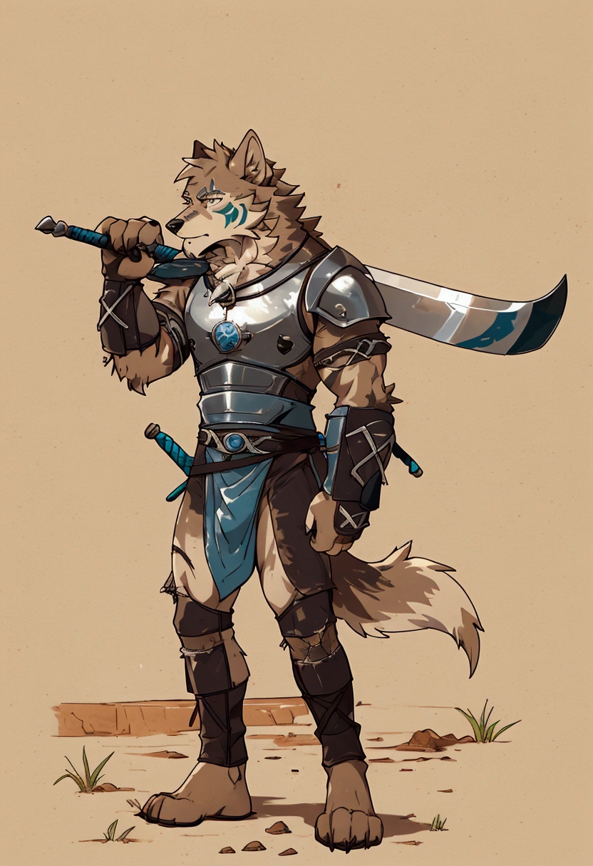 Solo Sexy young anthro furry wolf male mercenary medieval solider, slim endomorph muscular, anthro handsome gay shorter muzzle, handsome gay model male apperance, sword scars, worn out leather skimpy armament, low on hips heavy leather belt, old very worn out skimpy dirty linen material jockstrap, old yellow dirty worn out stains on white sawn jockstrap, very visible "x" brown seam pattern on the jockstrap, studded skimpy armlets breastplate armor, skimpy breastplate, leather bondages, fingerless leather gloves, smelly unwashed furr, dirty body look, desert battlefield, standing in sexy fighting position, close view of full character, blooded furr, blooded sword