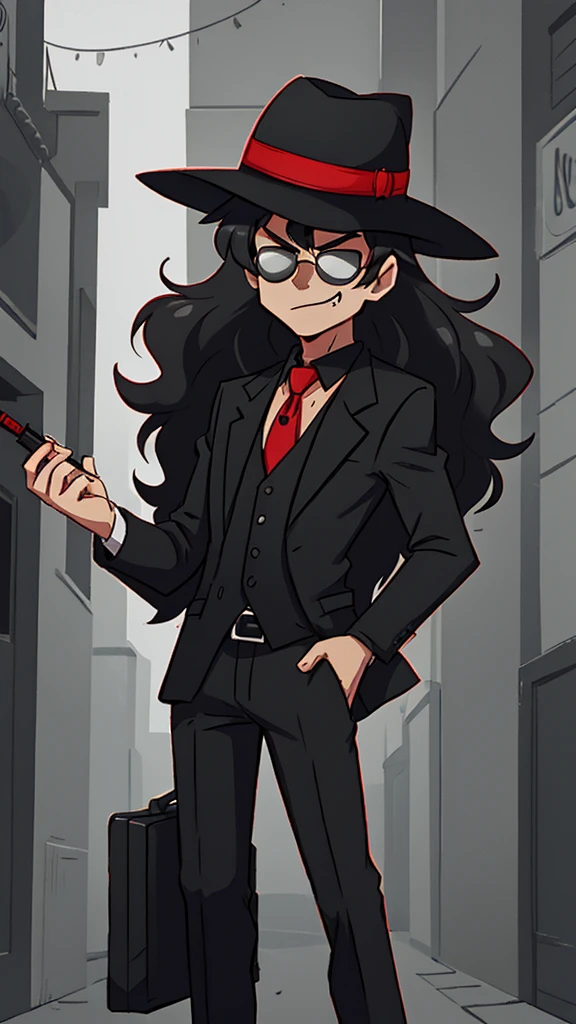 Create a cartoon-style character inspired by a mysterious detective. The character should wear a wide-brimmed black hat, black sunglasses, and have voluminous curly hair. He should be dressed in a black suit with a red shirt underneath, and a bright yellow tie. The character should be holding a gray briefcase in one hand. His expression should be confident and charismatic, with a slight smirk on his face. The background can be a dark alley or a dimly lit city street to emphasize the mysterious and noir atmosphere, Michael Jackson