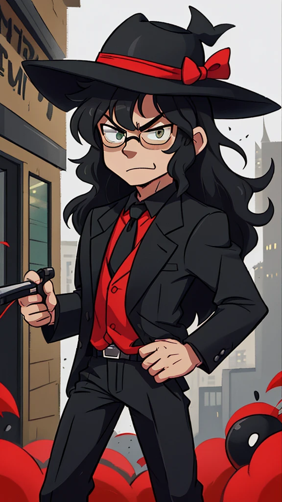 Create a cartoon-style character inspired by a mysterious detective. The character should wear a wide-brimmed black hat, black sunglasses, and have voluminous curly hair. He should be dressed in a black suit with a red shirt underneath, and a bright yellow tie. The character should be holding a gray briefcase in one hand. His expression should be confident and charismatic, with a slight smirk on his face. The background can be a dark alley or a dimly lit city street to emphasize the mysterious and noir atmosphere, Michael Jackson