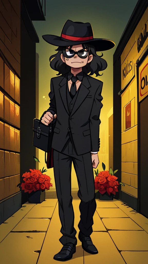 Create a cartoon-style character inspired by a mysterious detective. The character should wear a wide-brimmed black hat, black sunglasses, and have voluminous curly hair. He should be dressed in a black suit with a red shirt underneath, and a bright yellow tie. The character should be holding a gray briefcase in one hand. His expression should be confident and charismatic, with a slight smirk on his face. The background can be a dark alley or a dimly lit city street to emphasize the mysterious and noir atmosphere, Michael Jackson 
