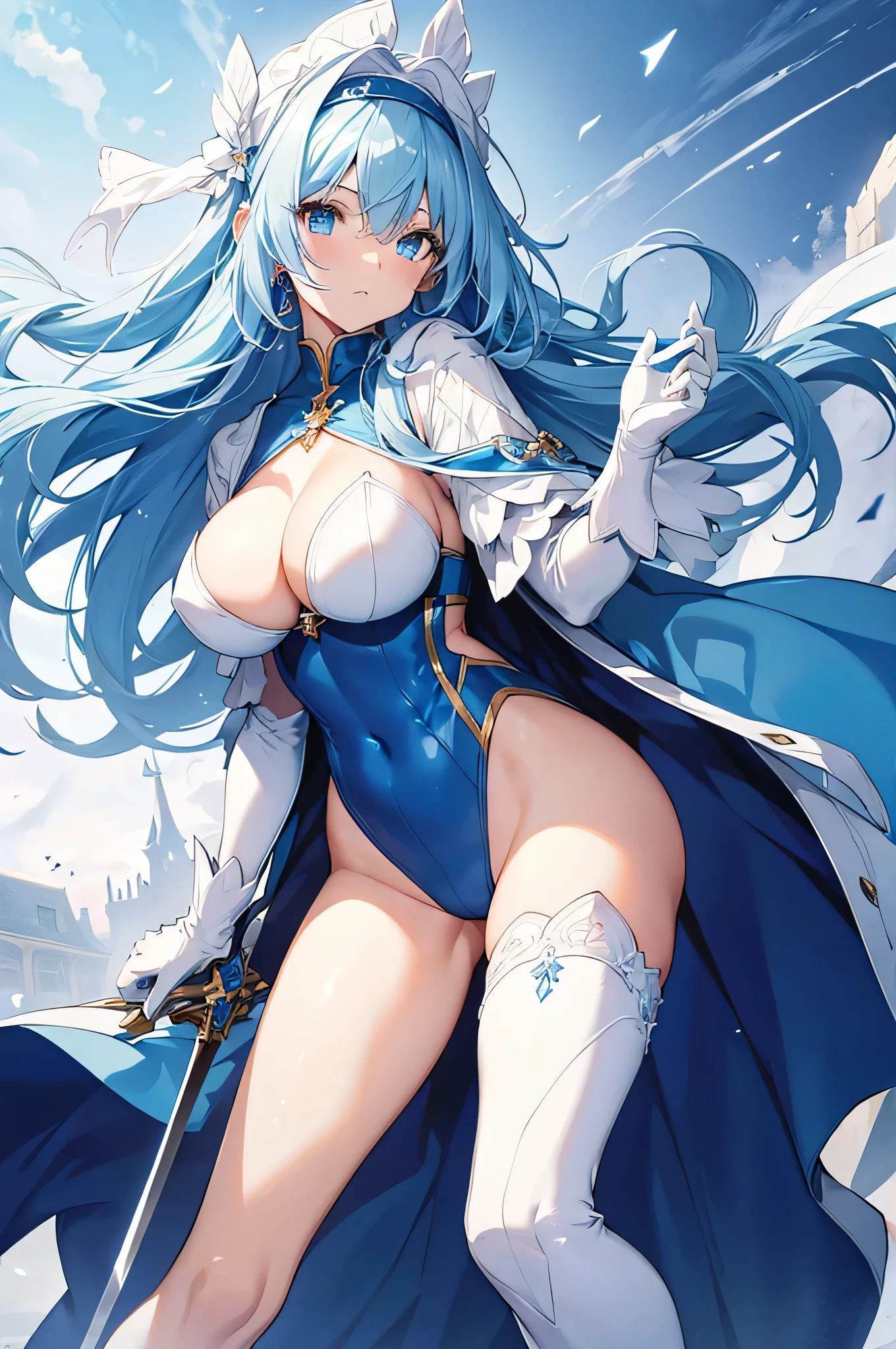 4K,High resolution,One Woman,Light blue hair,long hair,Bright blue eyes,Big Breasts,Swordsman,Blue high leg leotard,Long white gloves,White boots,hair band,Jewelry decoration,Long sword,Medieval town