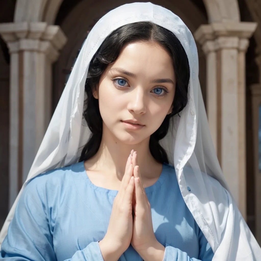 Beautiful woman with light blue eyes, curly black hair, wearing a blue tunic with wide, long sleeves adjusted at the waist by a white sash. Wear a thick white veil.