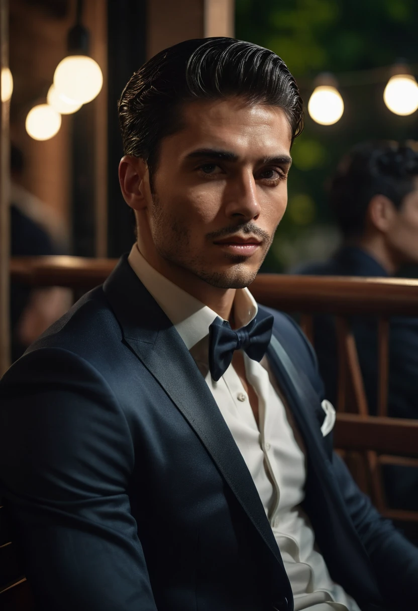 gu,a handsome man in a party, sitting on a bench, looking to the side, detailed facial features, sharp focus, 8k, photorealistic, professional photography, dramatic lighting, cinematic composition, elegant attire, high-quality, hyperrealistic, intricate details, flawless skin, intense gaze, natural expression, chiaroscuro lighting, dramatic shadows, warm color tones, sophisticated style, luxurious environment