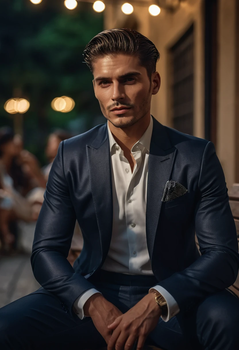 gu,a handsome man in a party, sitting on a bench, looking to the side, detailed facial features, sharp focus, 8k, photorealistic, professional photography, dramatic lighting, cinematic composition, elegant attire, high-quality, hyperrealistic, intricate details, flawless skin, intense gaze, natural expression, chiaroscuro lighting, dramatic shadows, warm color tones, sophisticated style, luxurious environment