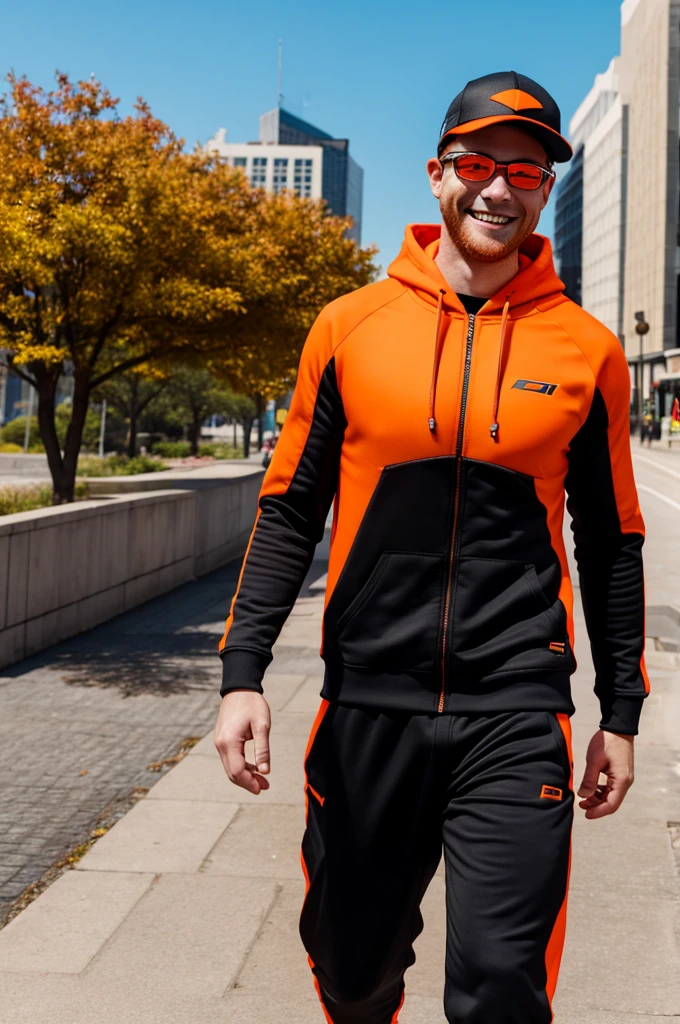 1male, dark orange hair, bright orange visor glasses, black and orange super suit, hoodie, smiling, grinning, city background, detailed background, detailed face, standing, walking on path, hands to side