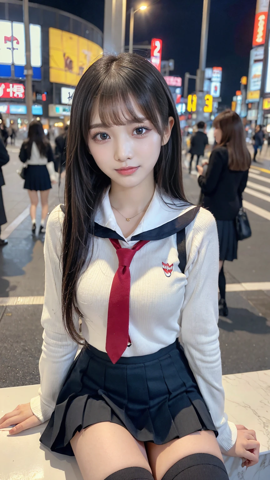 ((masterpiece, Highest quality)),Best aesthetics,One Girl, Sitting, school machinery, Black hair straight, Hotel district,Long Hair, View your audience, :p, Focus Only, Brown eyes, mini skirt, Long sleeve, 1 boy,Black Seraphim, Multiple Girls, Pleated skirt, Sailor collar, bangs,smile,,Knee-high socks,(Shinjuku at night)