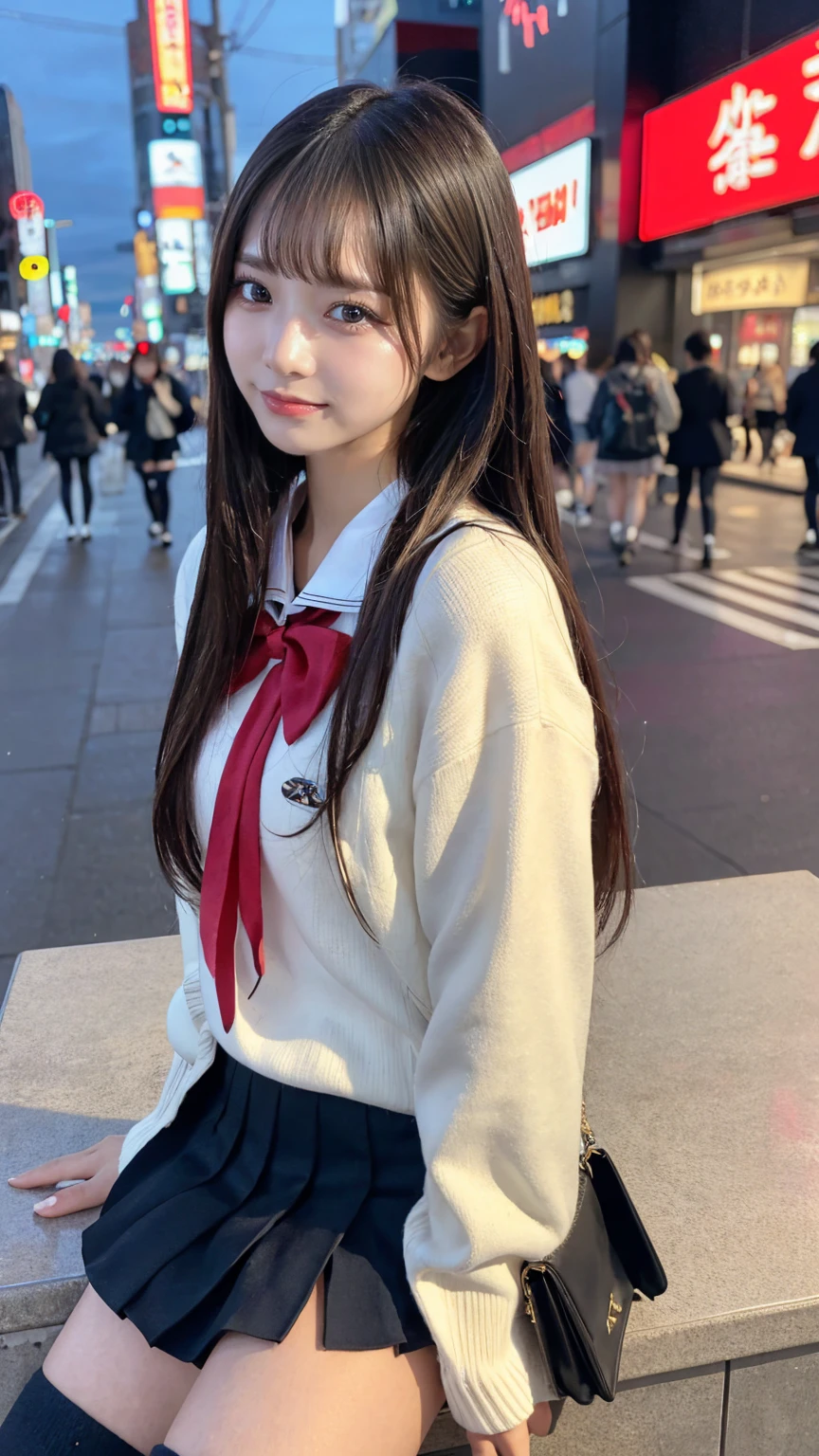 ((masterpiece, Highest quality)),Best aesthetics,One Girl, Sitting, school machinery, Black hair straight, Hotel district,Long Hair, View your audience, :p, Focus Only, Brown eyes, mini skirt, Long sleeve, 1 boy,Black Seraphim, Multiple Girls, Pleated skirt, Sailor collar, bangs,smile,,Knee-high socks,(Shinjuku at night)