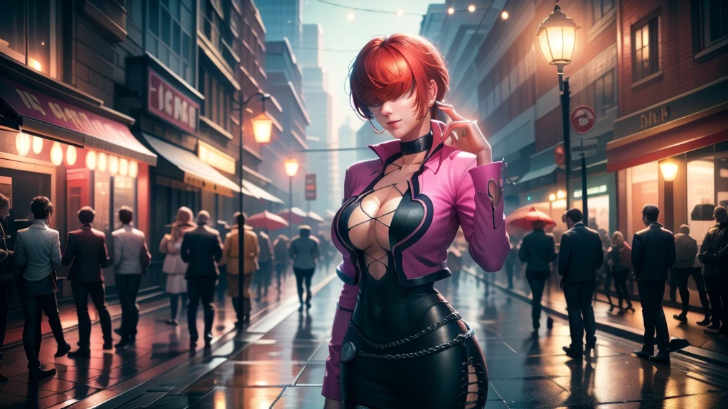 (at night), in a video game scene a background a beautiful city at night raining, alone, alone, standing at attention, pink suit, pink jacket, choker, neckline, cut of clothes, earrings, has long bangs on the hair covering the eyes ((hair over the eyes)), 1 girl, 20 years old, young woman, perfect hands, beautiful fingers, beautiful long legs, beautiful body, beautiful nose, beautiful character design, perfect face, looking at the spectator with serious gesture, is on a phone call with his cell phone in hand (focusing on his face), closed mouth, Light_Smile, official art, extremely detailed CG unity 8k wallpaper, perfect lighting, bright and colorful front lighting, skin glossy (masterpiece: 1.0), (best_quality: 1.0), ultra high resolution, 4K, ultra detailed photography, 8K, HDR, high resolution, nonsense:1.2, Kodak portra 400, film grain, blurred background, bokeh:1.2, lens flare, (vibrant_color:1.2), professional photography, (Beautiful, breasts: 1.4), (beautiful_face: 1.5), (narrow waist),