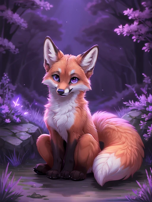Feral red fox, female, Fox masterpeice, highest quality, cute, majestic, purple lighting, glowing