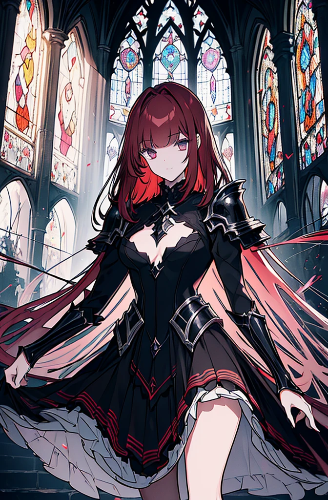 extremelydetailedwallpaper, Ultra-detailed details, detailed shadow, very precise detail, Extremely detailed 8k wallpaper, very fine 8KCG wallpapers,An old abandoned church. Her black dress was torn and stained in some places. red hair was long and fluffy. Light enters through cracked stained glass windows.((black knight costume)),