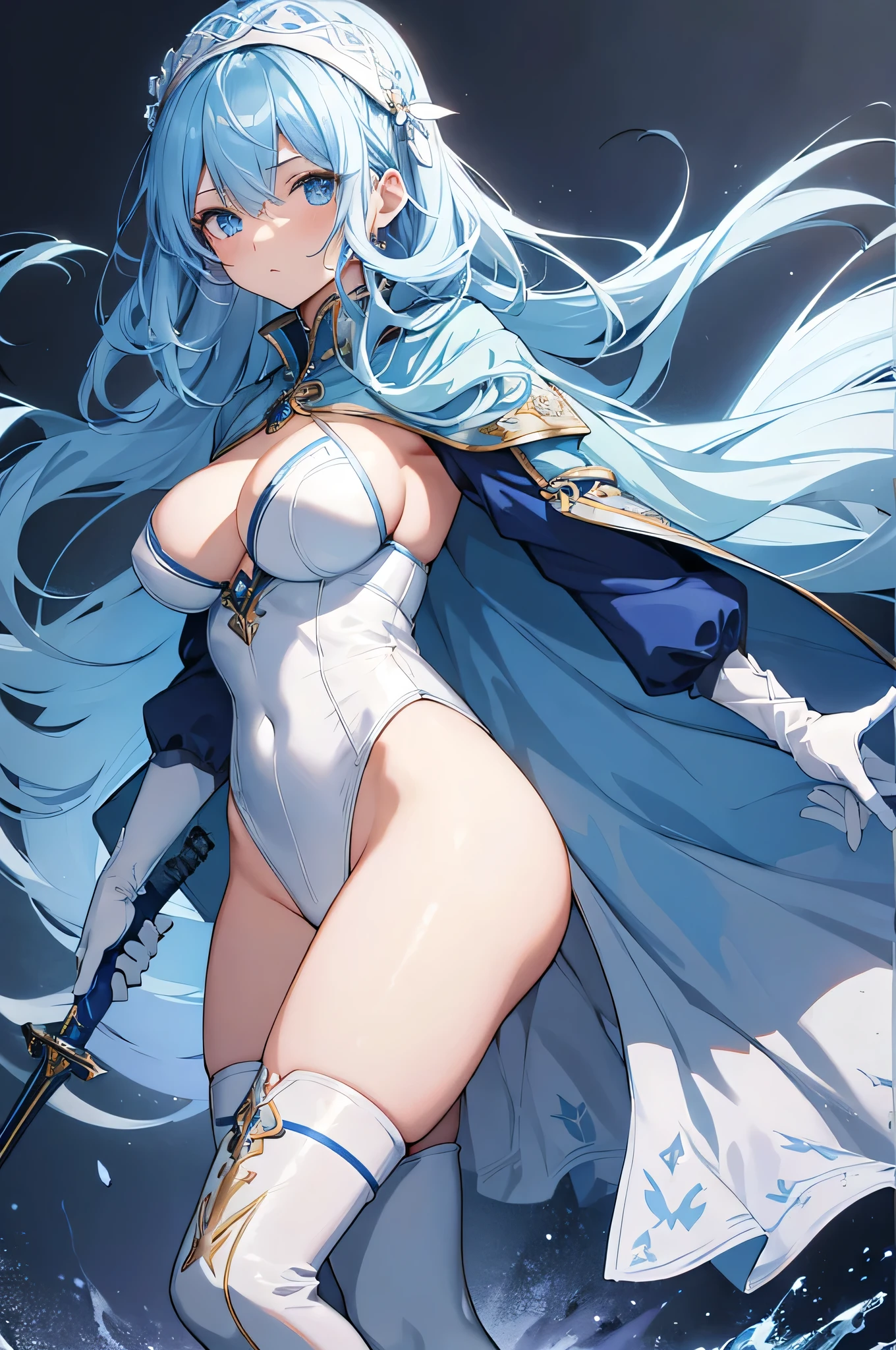 4K,High resolution,One Woman,Light blue hair,long hair,Bright blue eyes,Big Breasts,Swordsman,Blue high leg leotard,Long white gloves,White boots,hair band,Jewelry decoration,Long sword,Medieval town