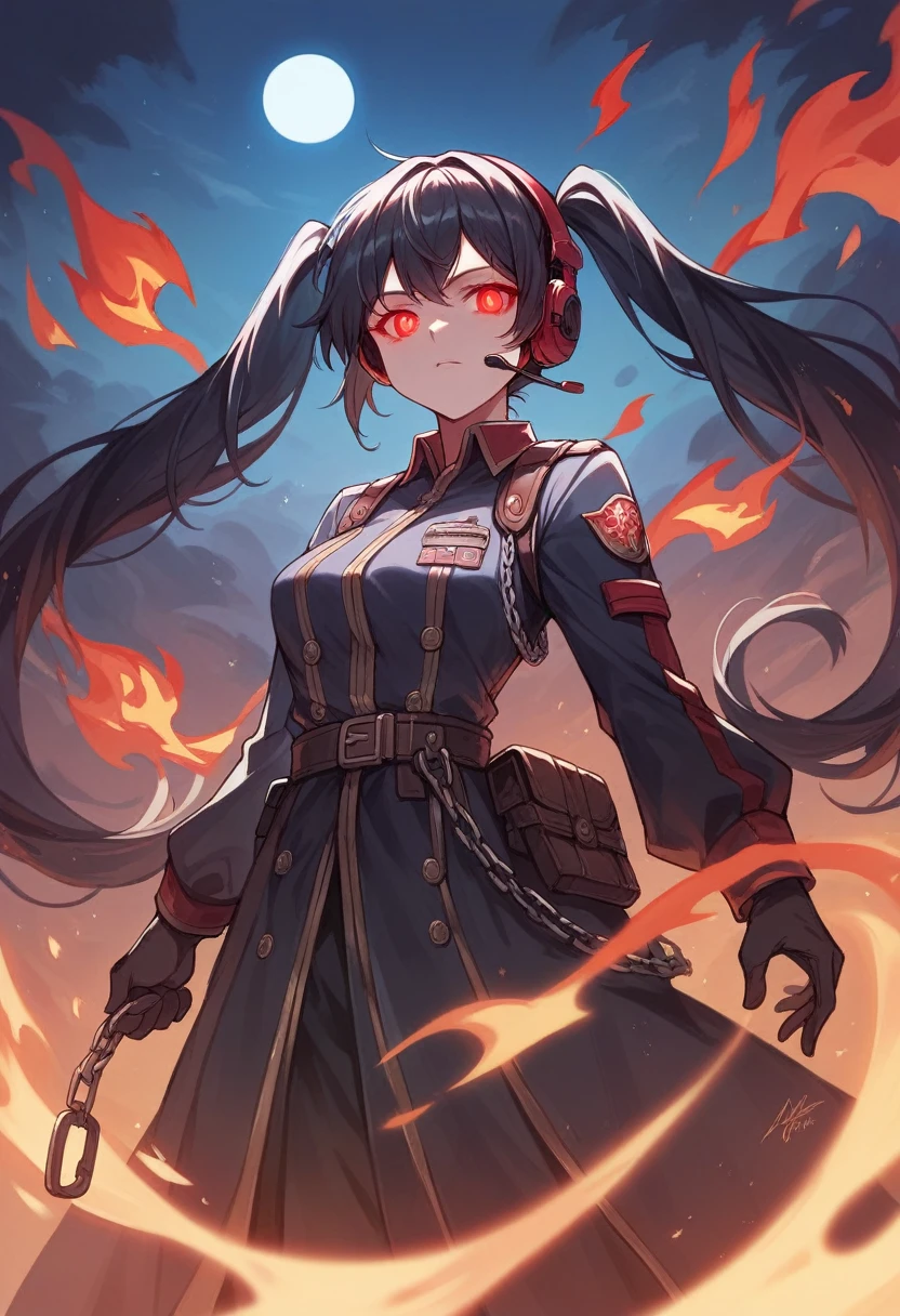((best quality)), ((masterpiece)), (detailed), perfect face, 1girl, lower body, long black hair with red tips, tactical clothing, headset, chains around her waist, surrounded by flames, night time, red eyes, glowing eyes, ponytails, twin tails,