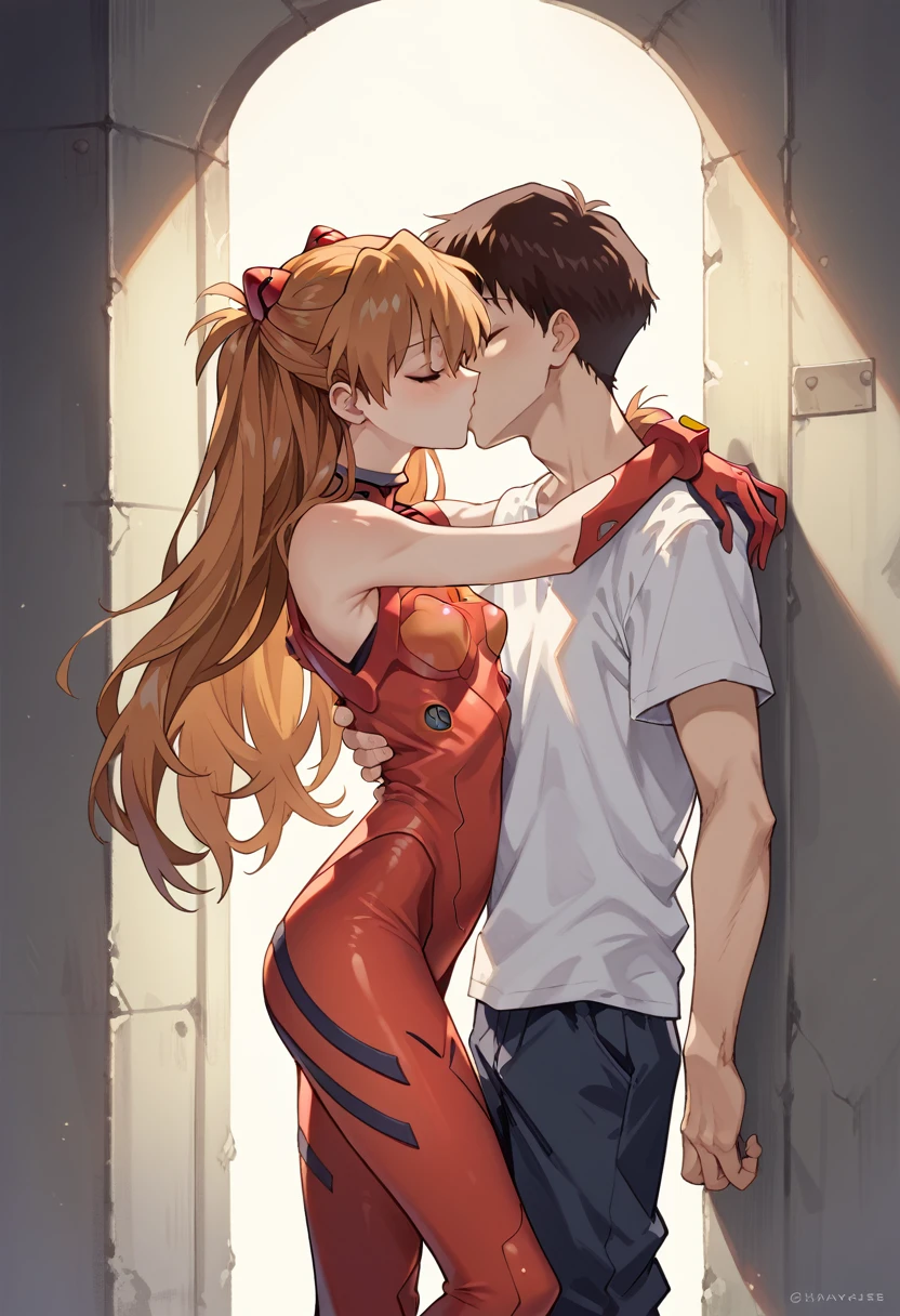 naked asuka  from Neon Genesis Evangelion kissing shinji ikari, space ship, futuristic,