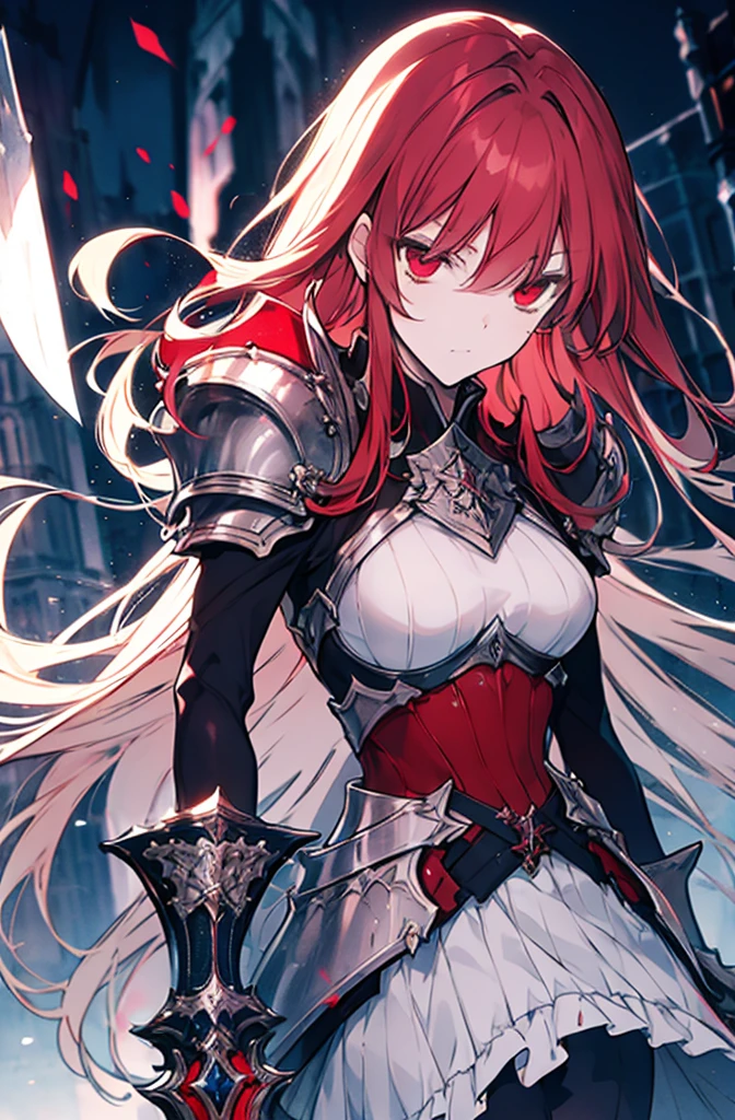 4k,hight resolution,One Woman,Bright red hair,Longhaire,red eyes,knights,white sacred armor,jewel decorations,Big sword,medieval town,furious,