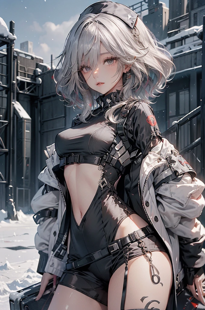 realistically, A high resolution, One woman, butt lift, view the viewer, (Detailed faces),red hair clothes, Long gray hair, nurse's outfit, livestock,red fox by my side,Snow background, Girl aims assault rifle