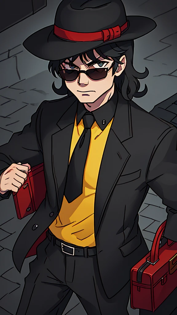 Create a cartoon-style character inspired by a mysterious detective. The character should wear a wide-brimmed black hat, black sunglasses, and have voluminous curly hair. He should be dressed in a black suit with a red shirt underneath, and a bright yellow tie. The character should be holding a gray briefcase in one hand. His expression should be confident and charismatic, with a slight smirk on his face. The background can be a dark alley or a dimly lit city street to emphasize the mysterious and noir atmosphere, Michael Jackson