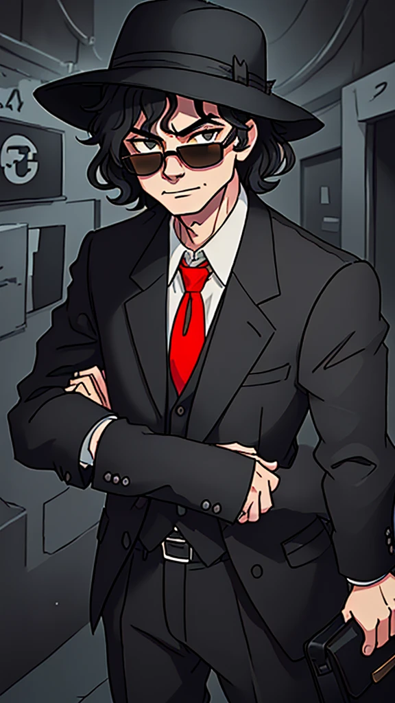 Create a cartoon-style character inspired by a mysterious detective. The character should wear a wide-brimmed black hat, black sunglasses, and have voluminous curly hair. He should be dressed in a black suit with a red shirt underneath, and a bright yellow tie. The character should be holding a gray briefcase in one hand. His expression should be confident and charismatic, with a slight smirk on his face. The background can be a dark alley or a dimly lit city street to emphasize the mysterious and noir atmosphere, Michael Jackson