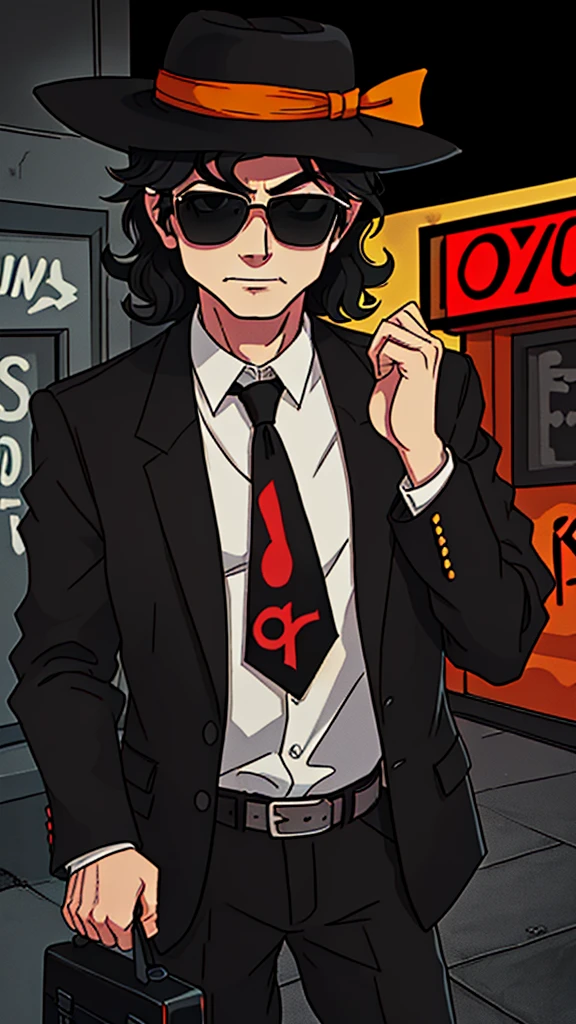 Create a cartoon-style character inspired by a mysterious detective. The character should wear a wide-brimmed black hat, black sunglasses, and have voluminous curly hair. He should be dressed in a black suit with a red shirt underneath, and a bright yellow tie. The character should be holding a gray briefcase in one hand. His expression should be confident and charismatic, with a slight smirk on his face. The background can be a dark alley or a dimly lit city street to emphasize the mysterious and noir atmosphere, Michael Jackson 
