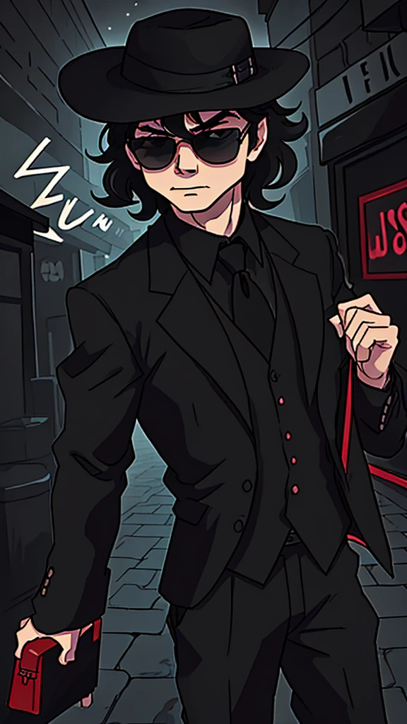 Create a cartoon-style character inspired by a mysterious detective. The character should wear a wide-brimmed black hat, black sunglasses, and have voluminous curly hair. He should be dressed in a black suit with a red shirt underneath, and a bright yellow tie. The character should be holding a gray briefcase in one hand. His expression should be confident and charismatic, with a slight smirk on his face. The background can be a dark alley or a dimly lit city street to emphasize the mysterious and noir atmosphere, Michael Jackson
