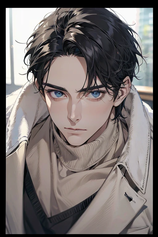 (Best Quality,4k,8k,high resolution,Masterpiece:1.2),ultra detailed,(realist,photorealist,photo-realist:1.37),1 man,31 years,mature man,very handsome,without expresion,muscled body,short gray black hair,Blue eyes,glare,perfect face without mistakes,imposing posture,businessman,office background,cinematic lighting,imagen HDR