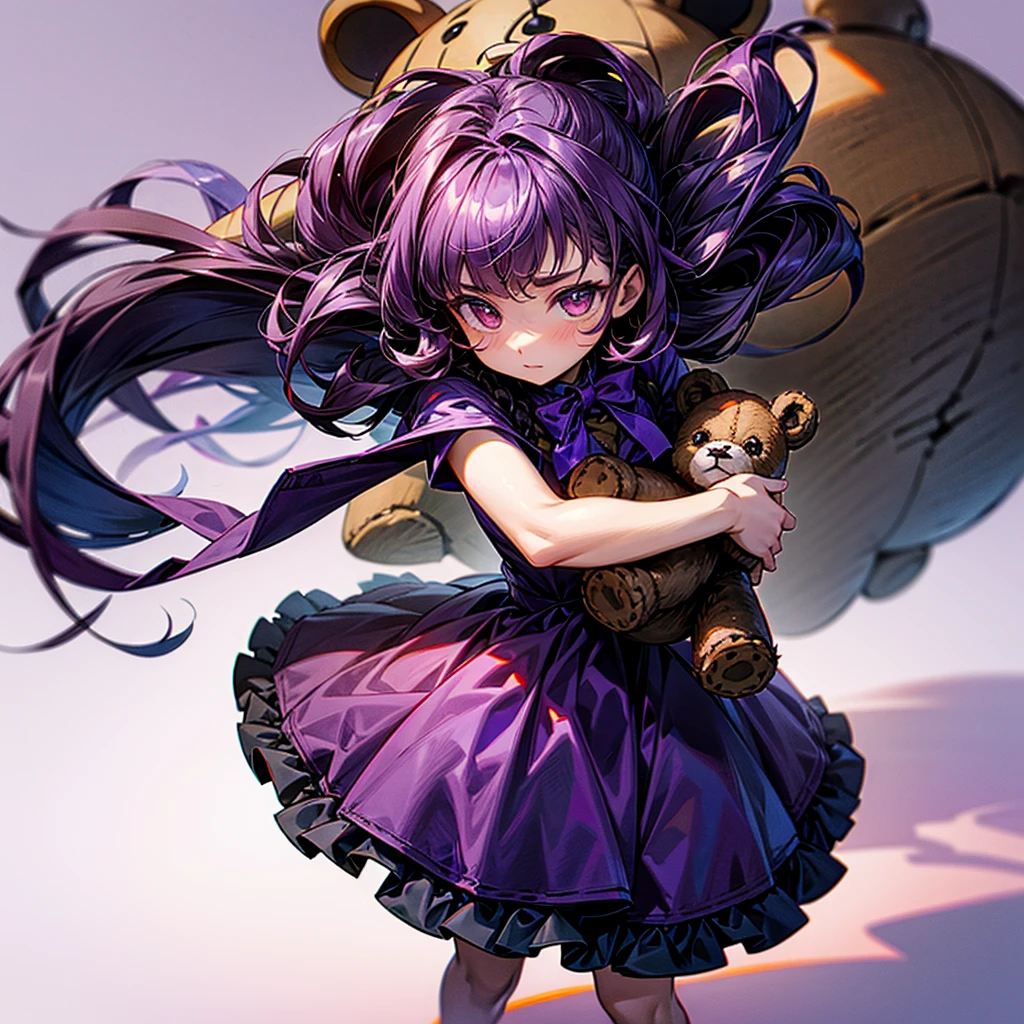 ???, 1girl, standing, holding a brown teddy bear, worried, glowing red eyes, dark purple hair, wavy long hair, wearing a cute purple dress, masterpiece, 8k, ultra-detailed, perfect hands, very short, walling down, white background