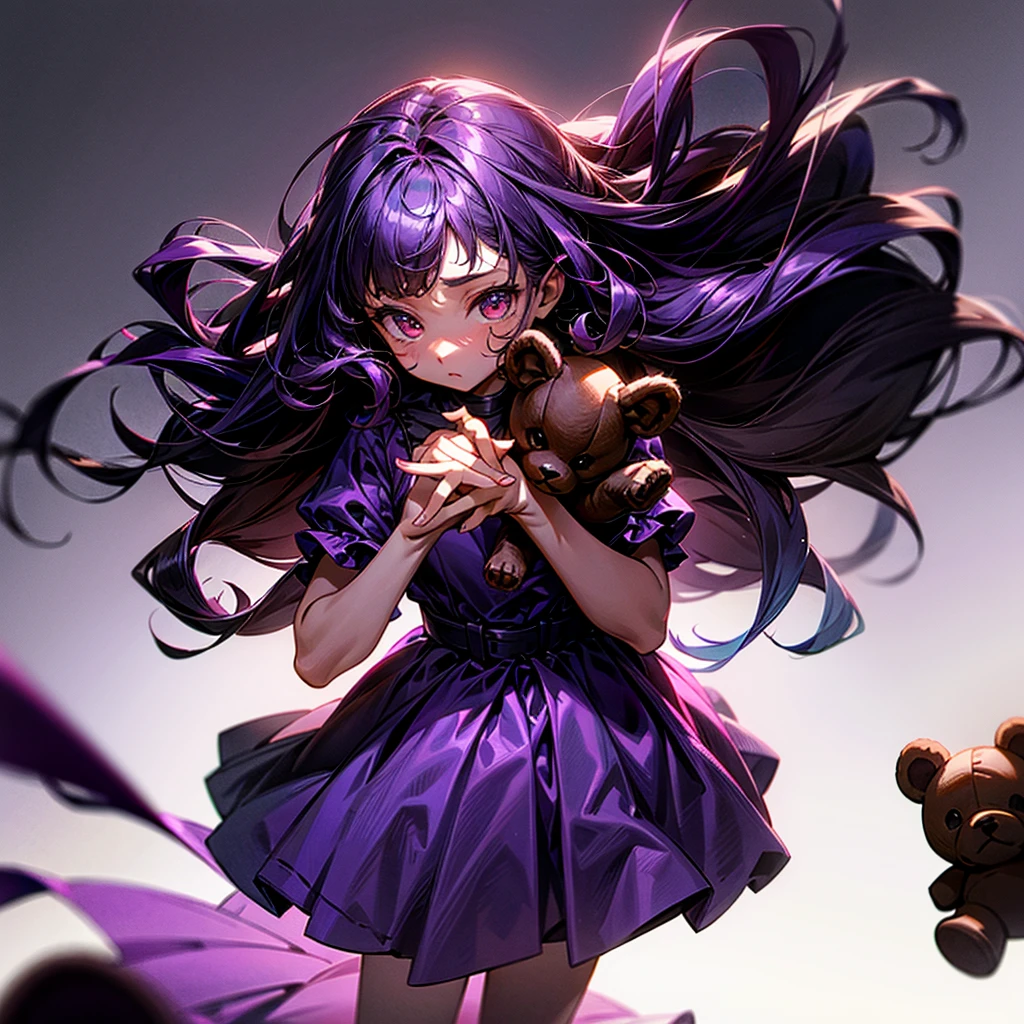 Kid, 1girl, standing, holding a brown teddy bear, worried, glowing red eyes, dark purple hair, wavy long hair, wearing a cute purple dress, masterpiece, 8k, ultra-detailed, perfect hands,  very short, walling down, white background 