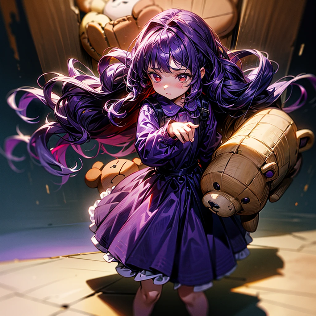 ???, 1girl, standing, holding a brown teddy bear, worried, glowing red eyes, dark purple hair, wavy long hair, wearing a cute purple dress, masterpiece, 8k, ultra-detailed, perfect hands,  very short, walling down, white background 