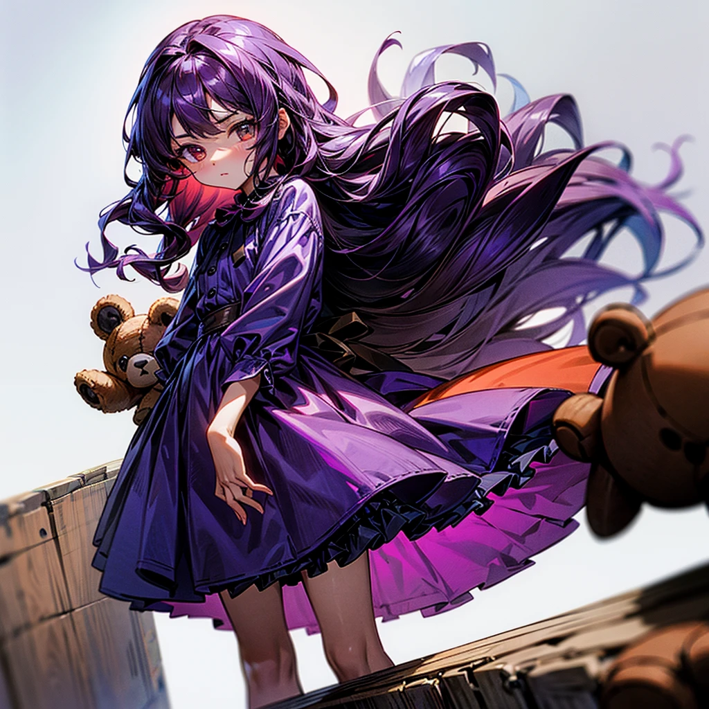 ???, 1girl, standing, holding a brown teddy bear, worried, glowing red eyes, dark purple hair, wavy long hair, wearing a cute purple dress, masterpiece, 8k, ultra-detailed, perfect hands, very short, walling down, white background