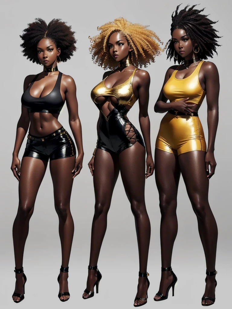((best quality)), ((4k)), ((highres)), ((masterpiece:1.2)). ((detailed)), ((ultra realistic)), ((intricate details)), ((full body picture)), ((character design sheet)), ((solo character)), a full body picture of a beautifull Ebony skinned female, black woman, dark skin, perfect face, detailed eyes, detailed lips, about 25 years old, about 5'5 ft. tall, punk black woman, punk style, CURLY hair ((emphasis on her CURLY hair)), blonde curly hair, muscular body, hourglass body type, thick and muscular, dressed in a golden top ((emphasis on her gold tank top)), and black leather shorts, high heels, fighting game character concept art, tekken character design, the king of fighters character concept, full bofy, full body concept art, full body art