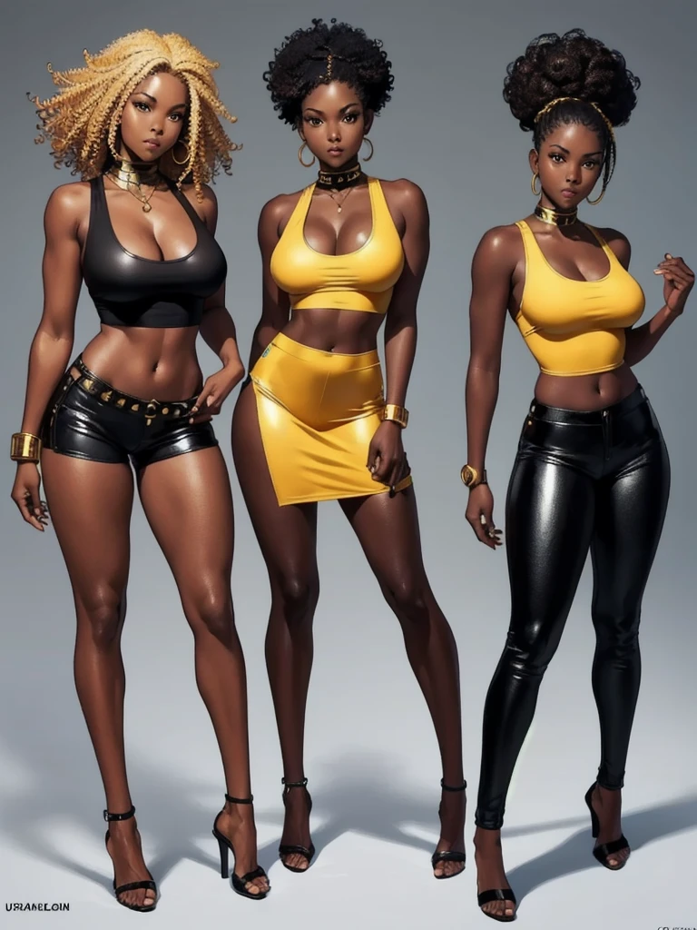((best quality)), ((4k)), ((highres)), ((masterpiece:1.2)). ((detailed)), ((ultra realistic)), ((intricate details)), ((full body picture)), ((character design sheet)), ((solo character)), a full body picture of a beautifull Ebony skinned female, black woman, dark skin, perfect face, detailed eyes, detailed lips, about 25 years old, about 5'5 ft. tall, punk black woman, punk style, CURLY hair ((emphasis on her CURLY hair)), blonde curly hair, muscular body, hourglass body type, thick and muscular, dressed in a golden top ((emphasis on her gold tank top)), and black leather shorts, high heels, fighting game character concept art, tekken character design, the king of fighters character concept, full bofy, full body concept art, full body art
