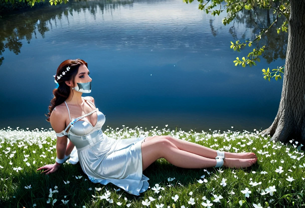 ((Full body photo, standing, feet on the ground)) Disney Studio style, best quality, high resolution, 8k aesthetic, mesmerizing snow white, Α field of white flowers. A beautiful young woman in a Snow White cosplay, knees up, (tapegag, tape gag:1.2), trees with white leaves rest in the background, tied with blue rope. the cloudy sky breaking to reveal the blue moon. . The world is majestic with wildlife coming out to listen. Deer lying nearby, watching and listening to the female. Beautiful work of art. beautiful contrast of light along the water that has an incredible reflection. Lying in the water. dress. High proportion. beautiful composition. detailed textures. realist. beautiful detailed moon.