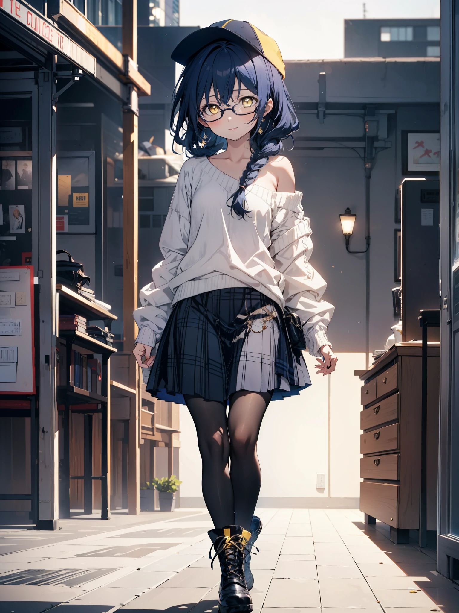 you like it, Umi Sonoda, Long Hair, Blue Hair, (Yellow Eyes:1.5) (Flat Chest:1.2),Blue one-shoulder sweater,Long skirt,Black pantyhose,short boots,Baseball hats,Black-rimmed glasses,Long braids,smile,Walking,morning,morning陽,The sun is rising,On the way to school,whole bodyがイラストに入るように,
break looking at viewer,whole body,
break outdoors, station,
break (masterpiece:1.2), Highest quality, High resolution, unity 8k wallpaper, (figure:0.8), (Beautiful attention to detail:1.6), Highly detailed face, Perfect lighting, Highly detailed CG, (Perfect hands, Perfect Anatomy),