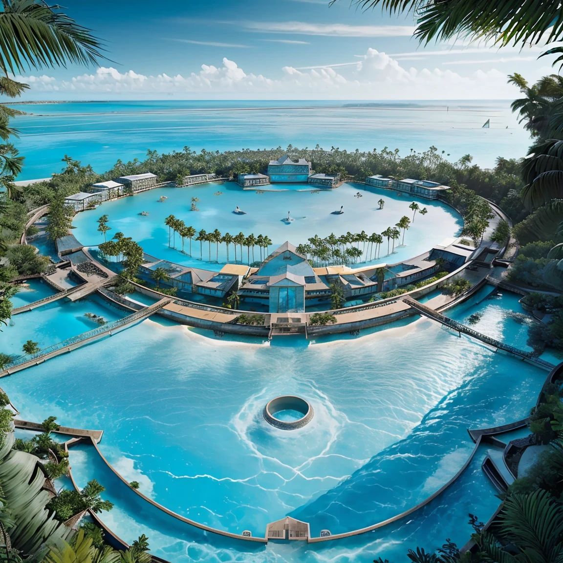 a pool with palm trees and clear water in the middle, infinity pool, tropical pool, paradise in the background, infinity pool mirrors, crystal clear blue water, very detailed paradise, tropical paradise, dream pool, tropical beach paradise, beautiful place, crystal clear sea, crystal clear water, clear blue water, maldives in background, infinity concentric pool, tropical location