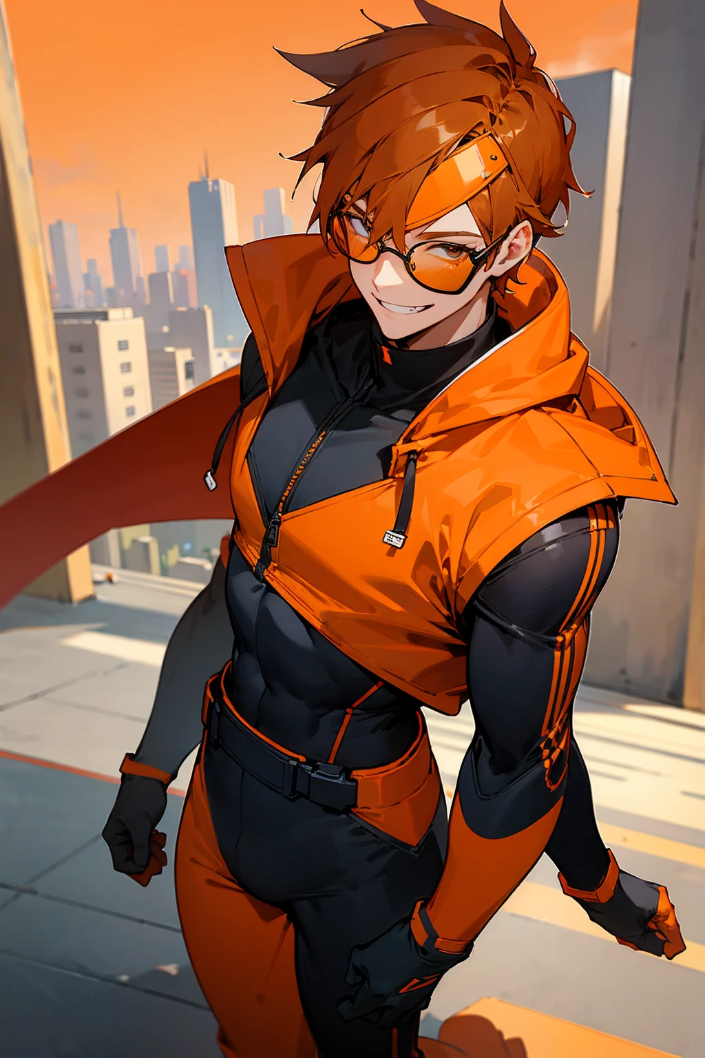 1male, dark orange hair, bright orange visor glasses, black and orange super suit, hoodie, smiling, grinning, city background, detailed background, detailed face, standing, walking on path, hands to side