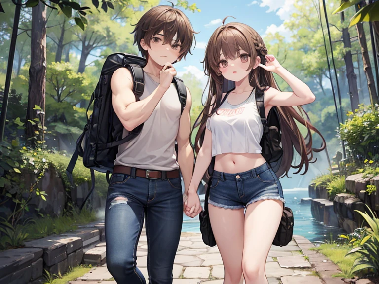 masterpiece; style: Daily; required background: Nature of Russia, middle line, Random landscape; обязательный style одежды: singlet, jeans, hiking boots, fingerless gloves, backpack; Characters: 1 guy and 1 girl (absolute similarity(twins)) Brother and sister, very tousled brown hair, Brown eyes, round beautiful face, muscular proportional athletic trained body, trained arms and legs, Graceful fingers, Aesthetic proportional small wide nose, Plump lips; aesthetic completeness, perfect face; Free standing pose, Interaction with each other; many small details, complex parts; High quality textures, high detail, Realistic human anatomy, realistic textures, daylight, increased image clarity